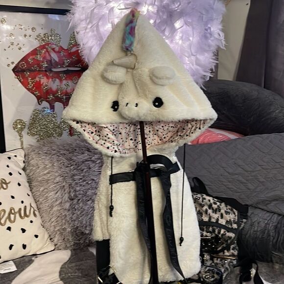 Rare betsey johnson backpack hoodie white plush fur unicorn rainbow HTF main image 7